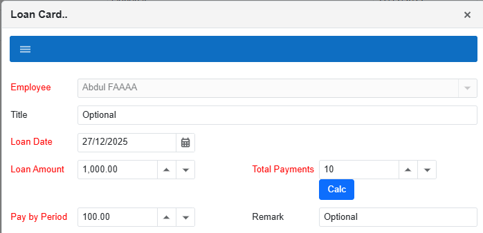 Loan Card popup when editing