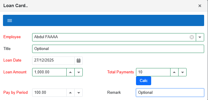 Loan Card filled in with values
