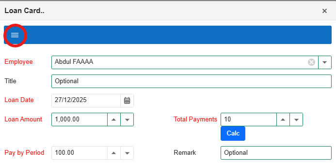 Menu icon highlighted inside Loan Card