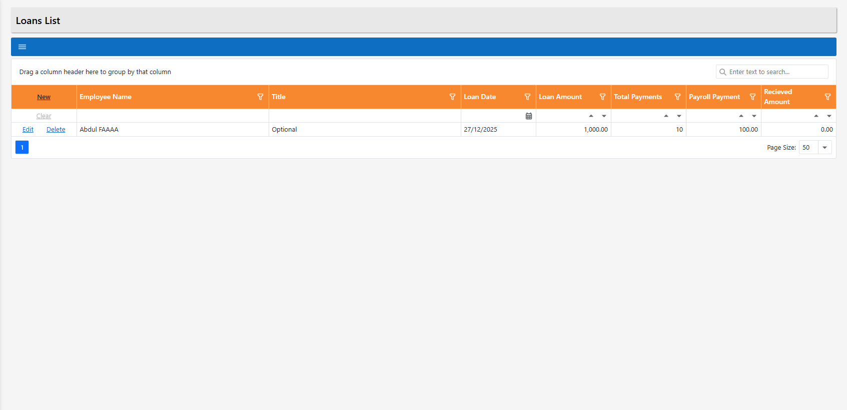 Loans List showing saved loan