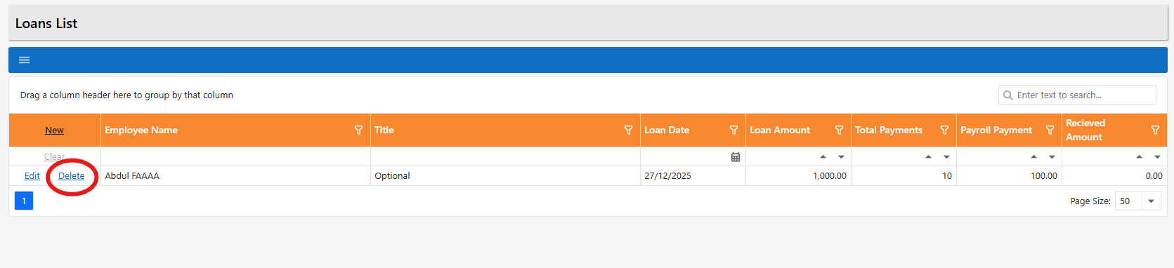 Delete highlighted beside a loan