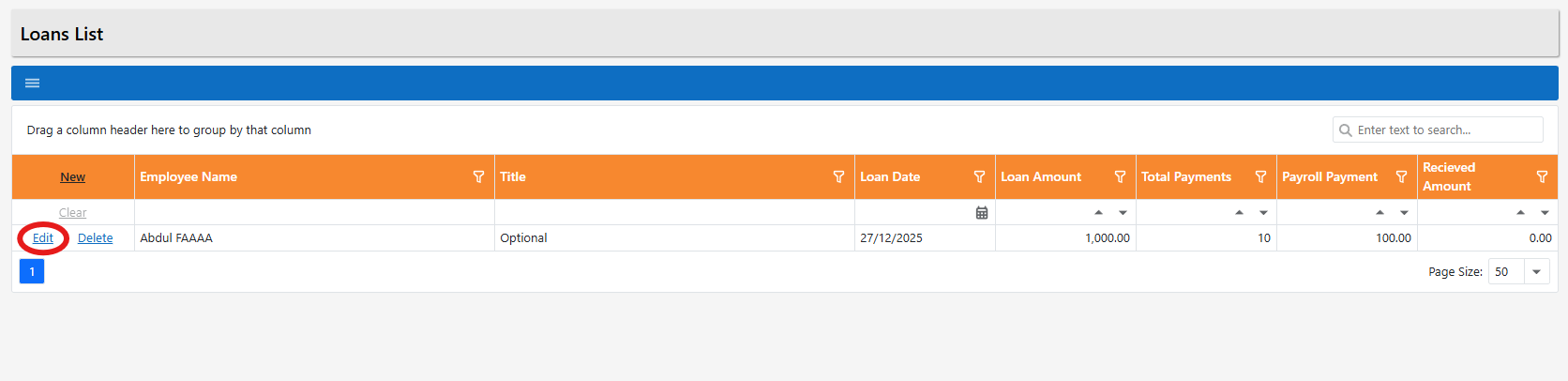 Edit highlighted beside a loan