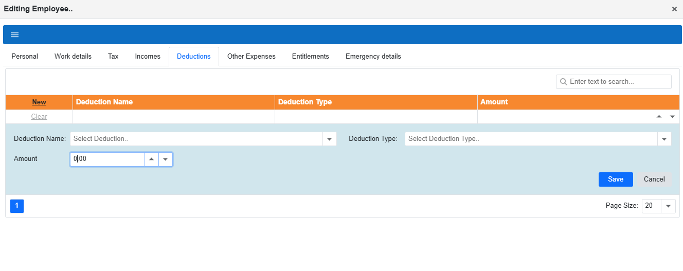 Adding a new deduction row with Save button