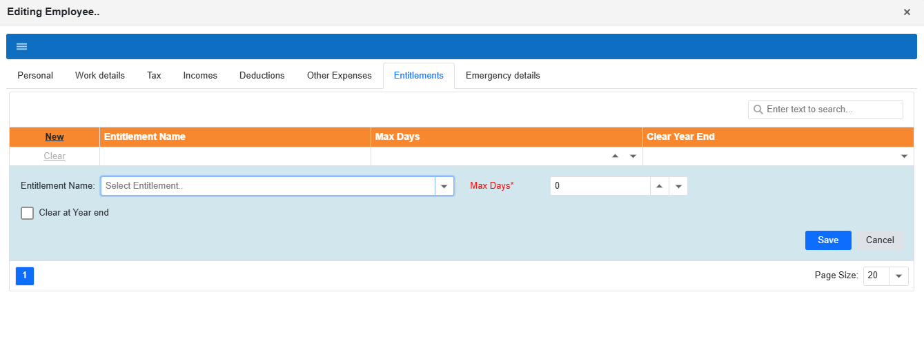 Adding a new entitlement row with Save button