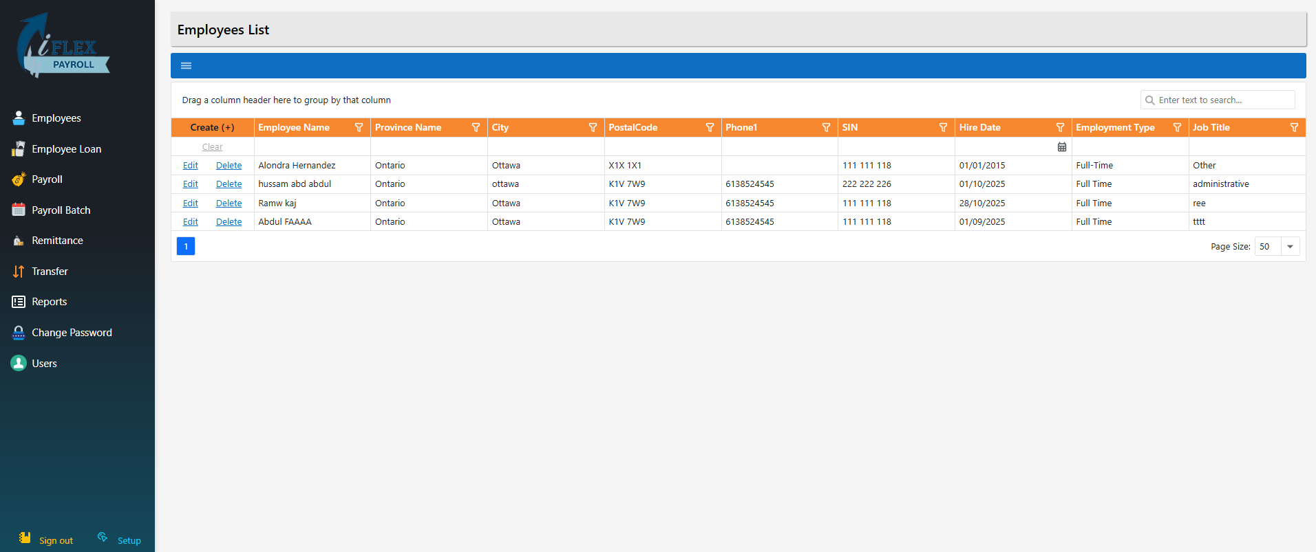 Employees List grid