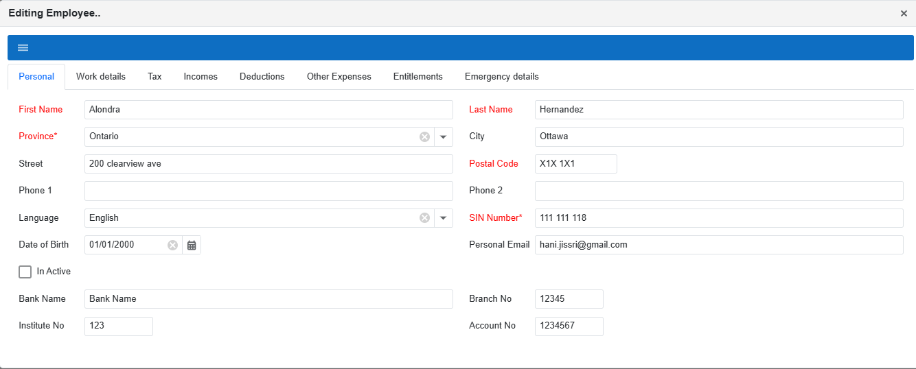 Editing Employee popup: Personal tab