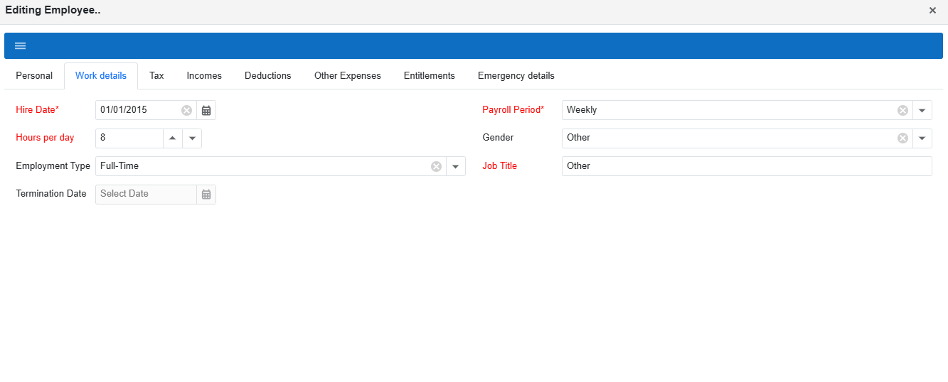 Editing Employee popup: Work details tab