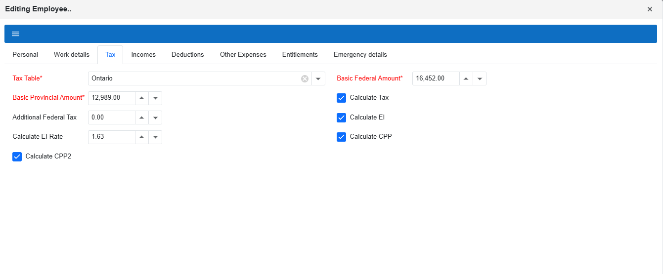 Editing Employee popup: Tax tab