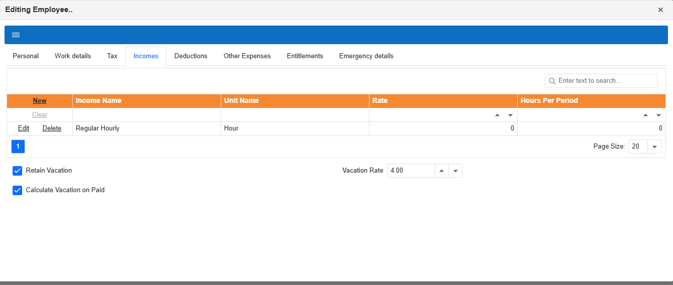 Editing Employee popup: Incomes tab