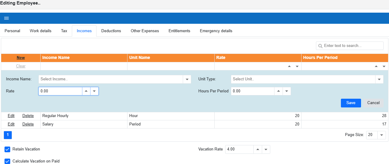 Adding a new income row with Save button