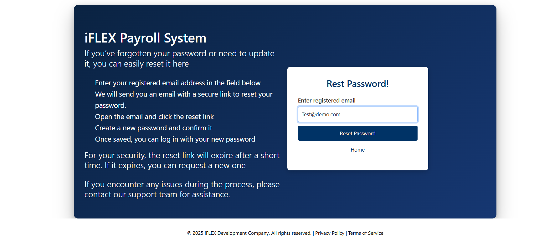 Reset password page where you enter your registered email
