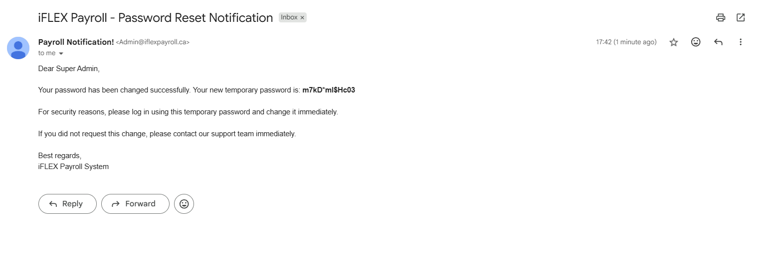Password reset email showing a temporary password