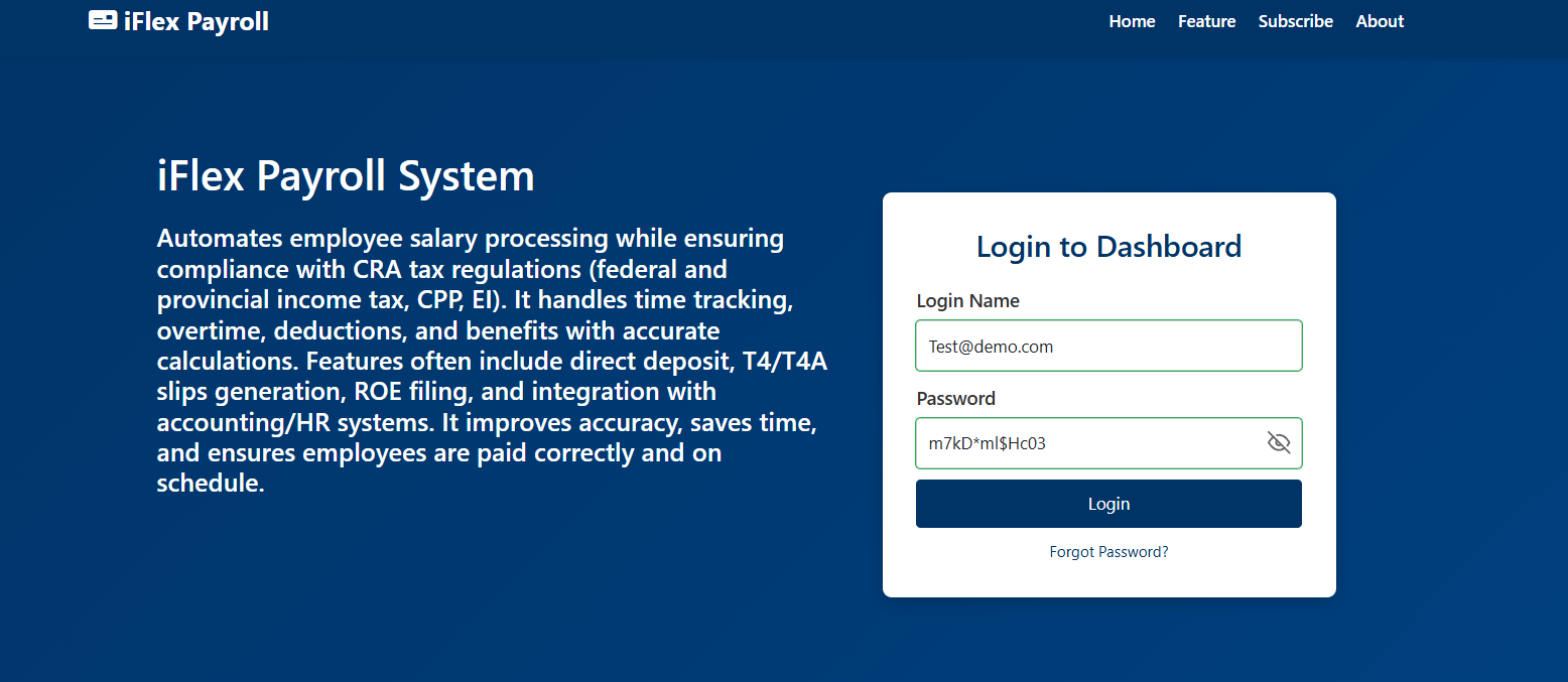 Login screen filled with email and temporary password