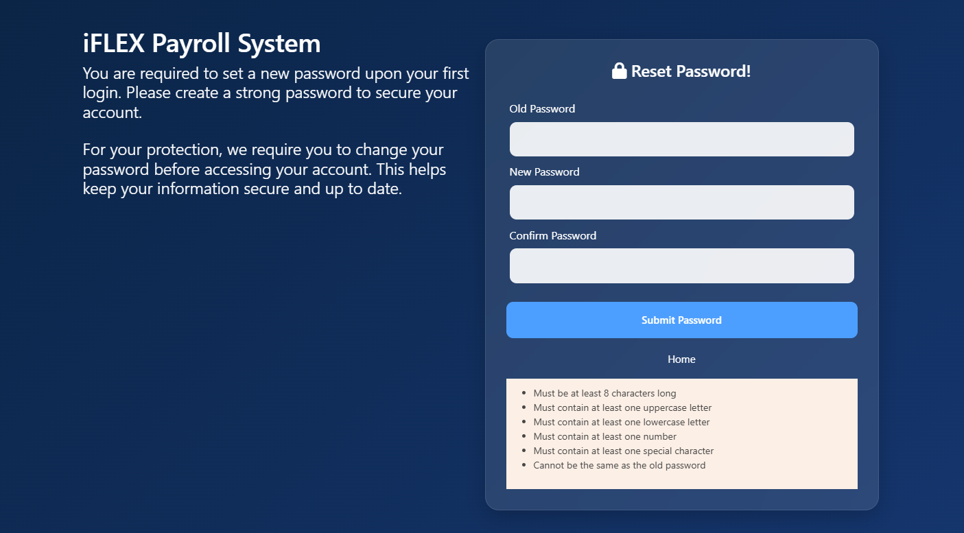 Reset password form showing Old Password, New Password, Confirm Password