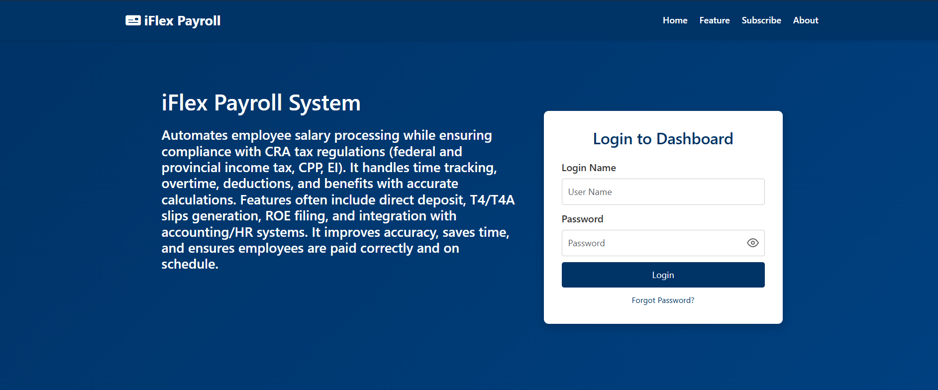 iFlex Payroll homepage with login panel