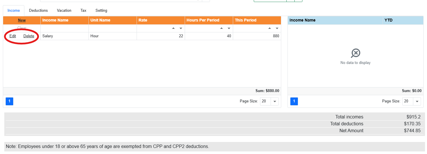 Edit and Delete highlighted on income row