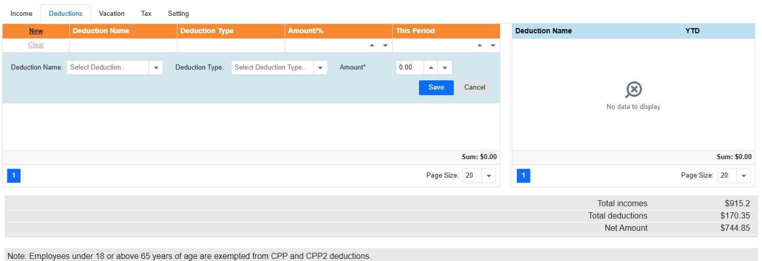 Deductions tab showing the new row fields
