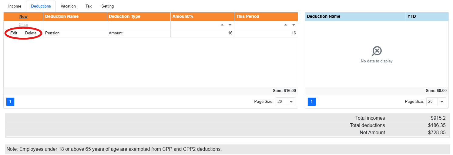 Edit and Delete highlighted on a saved deduction