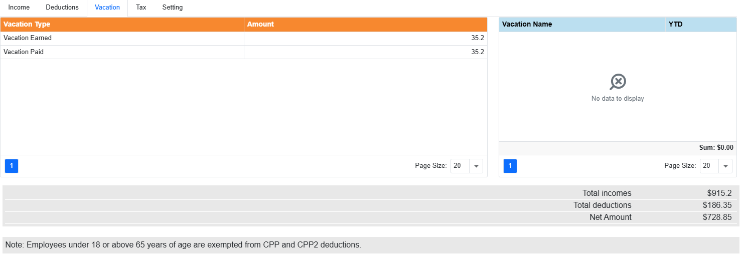 Vacation tab showing Vacation Earned and Vacation Paid