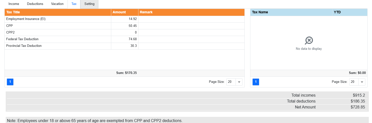 Tax tab showing EI, CPP, CPP2, federal and provincial tax amounts