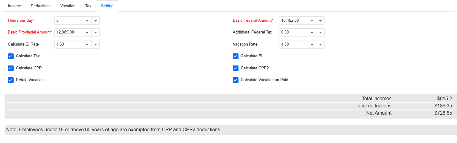 Setting tab showing hours per day, vacation rate, and calculation toggles