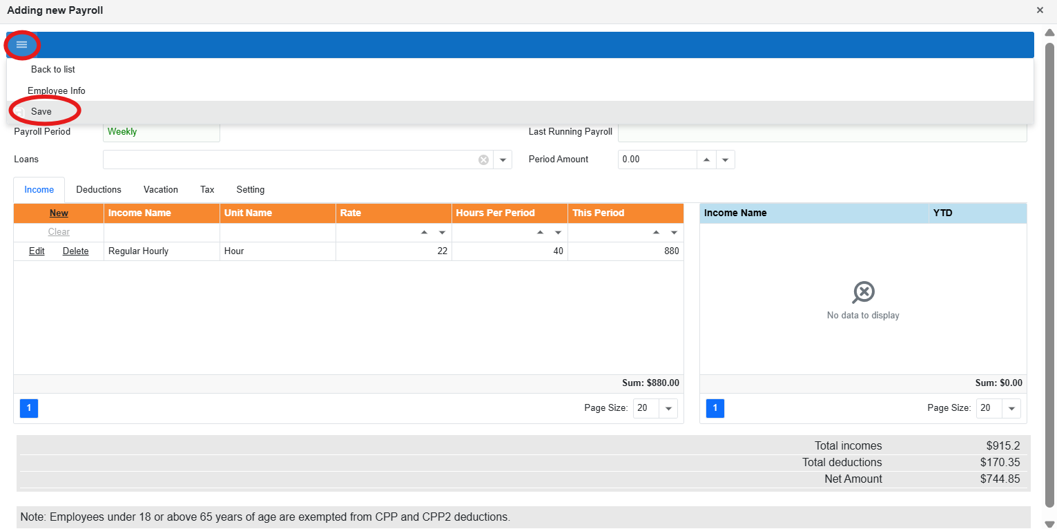 Burger menu and Save highlighted in Adding new Payroll