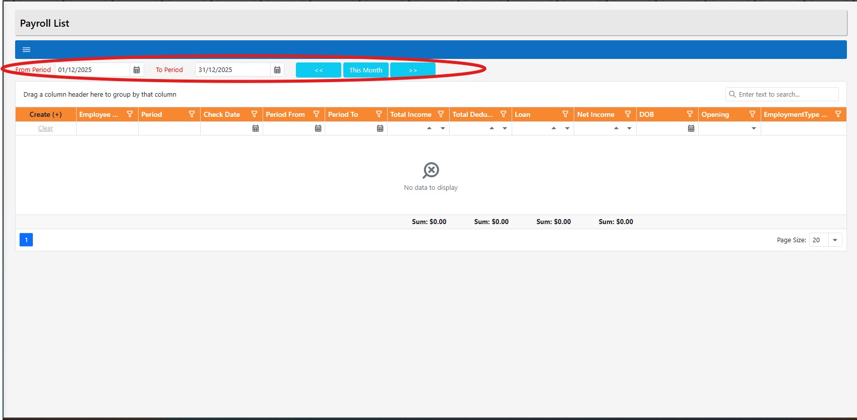 Payroll List showing From Period and To Period filters