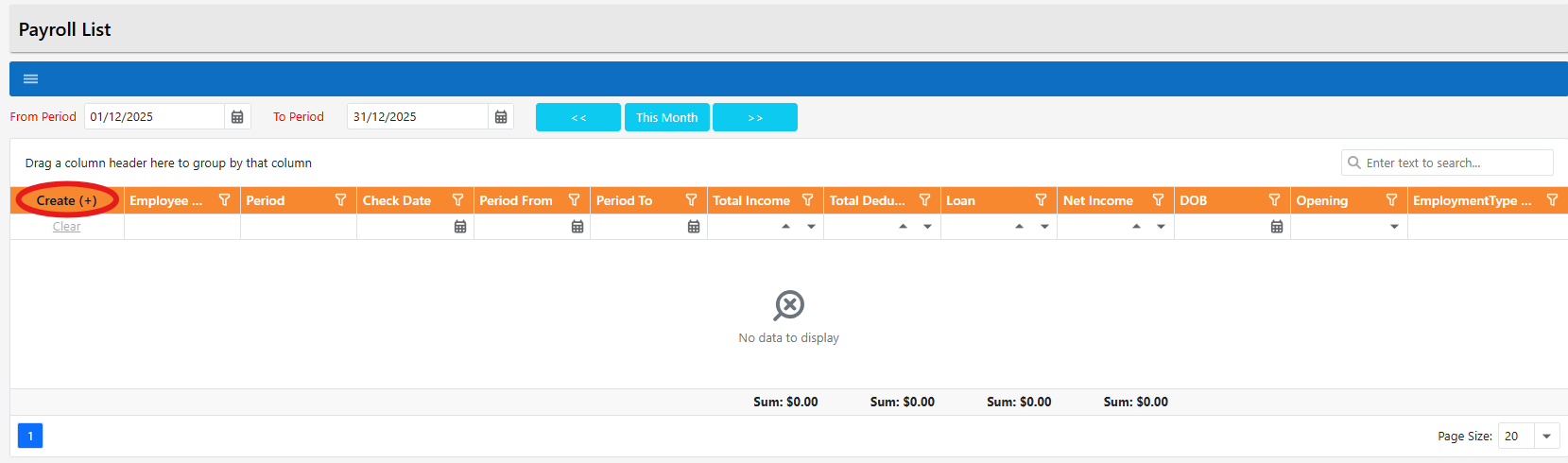 Create (+) highlighted on Payroll List
