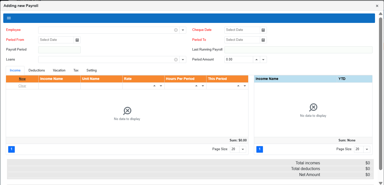Adding new Payroll popup (empty)