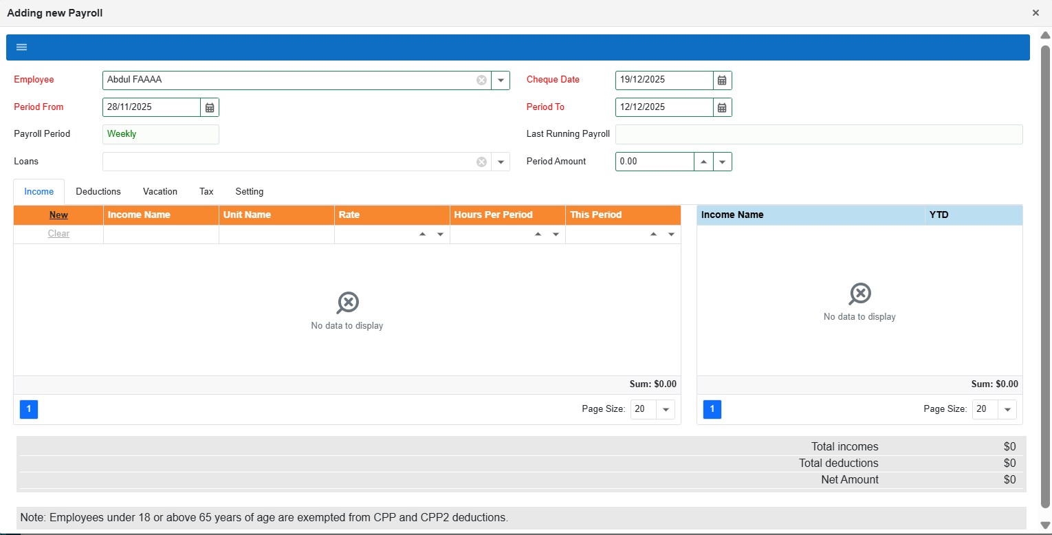 Adding new Payroll popup filled with employee and dates
