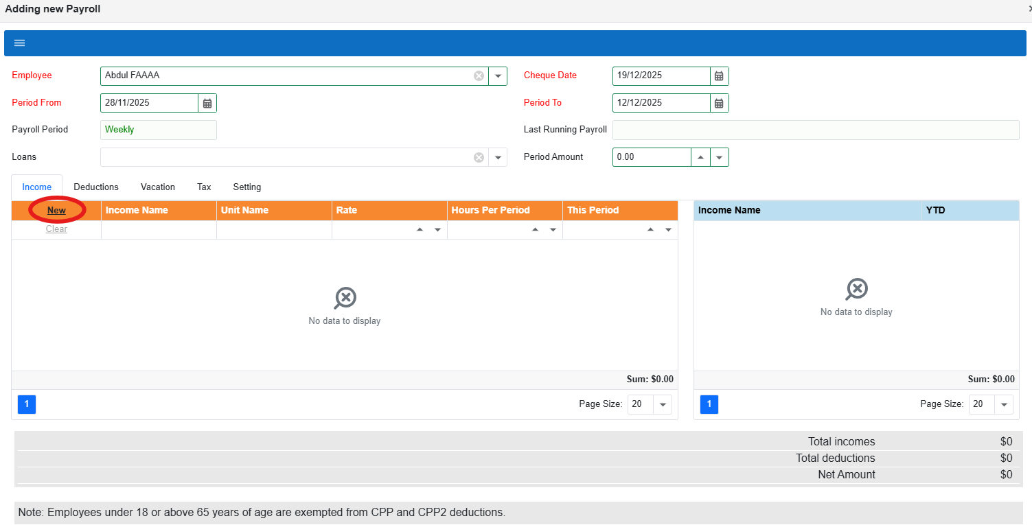 Income tab with New highlighted