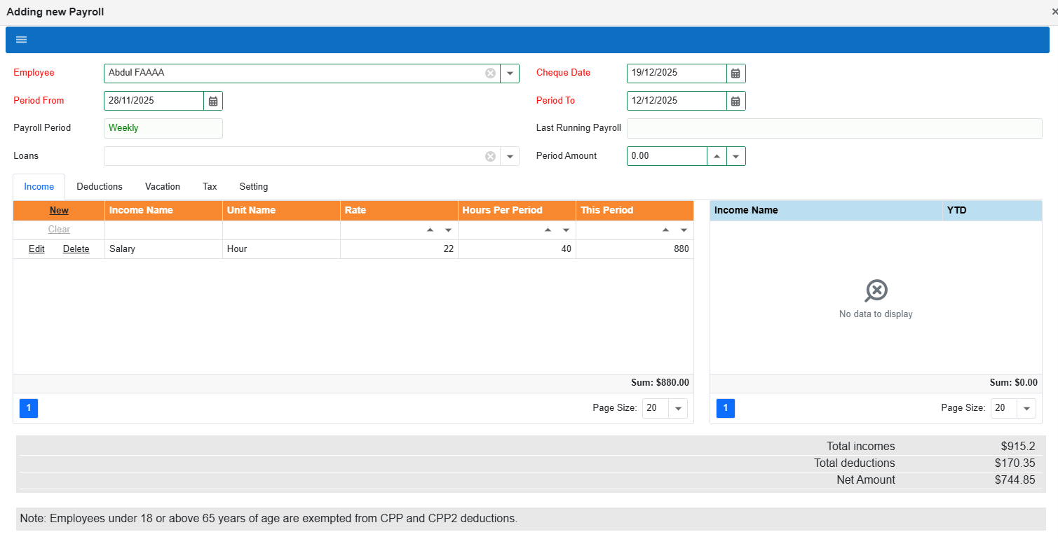 Income row filled example