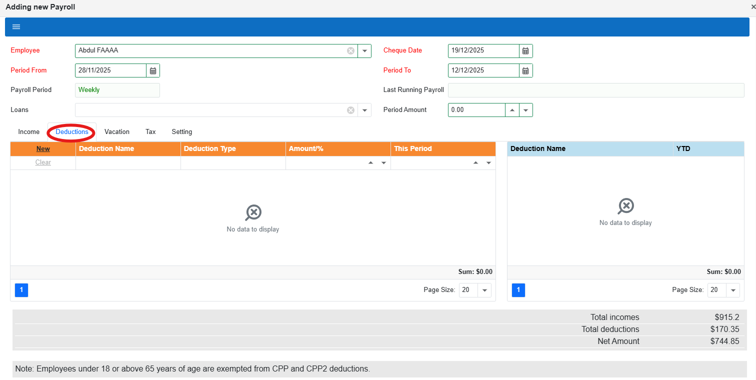 Deductions tab highlighted