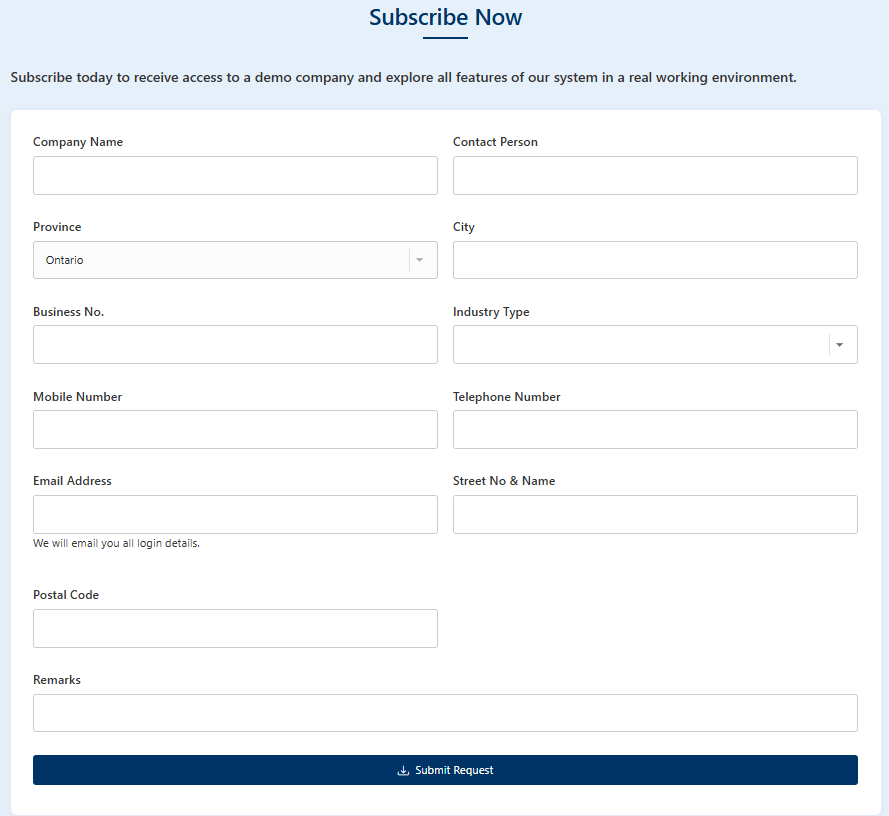 Subscribe Now section showing the company registration form