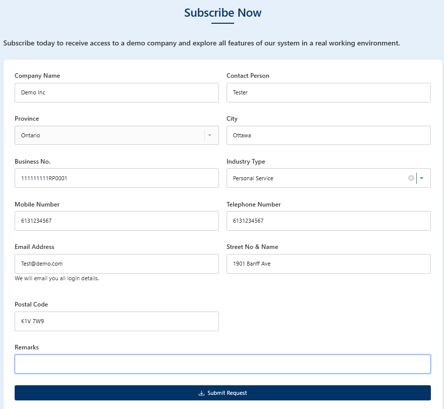 Registration form filled out with example values