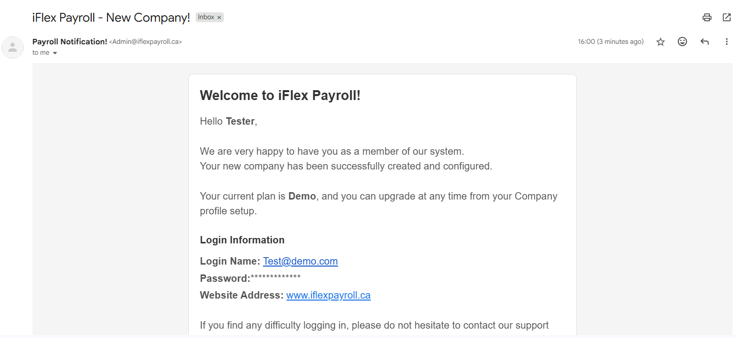 Welcome email showing login credentials and website link