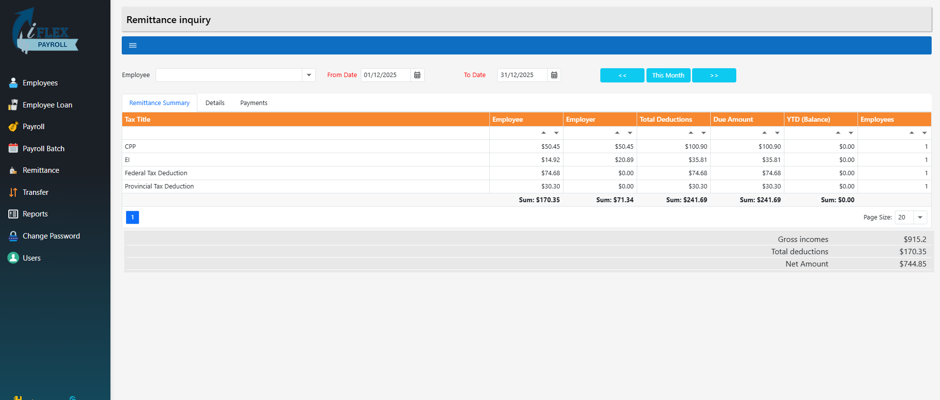 Remittance inquiry – Remittance Summary tab