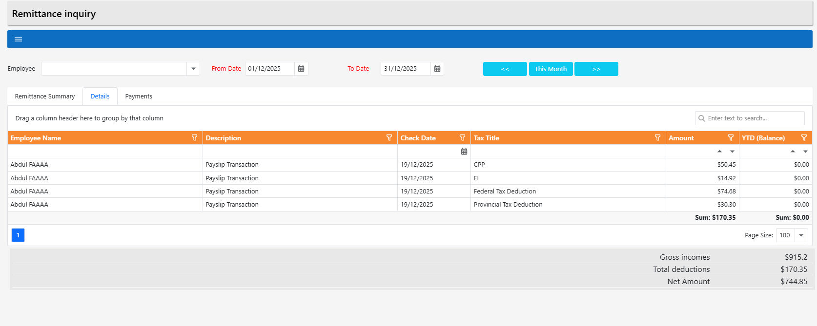 Remittance inquiry – Details tab