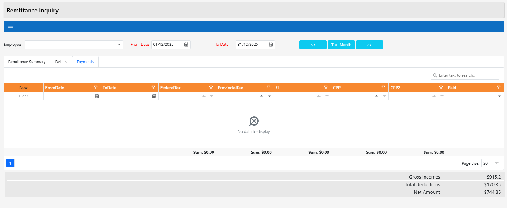 Remittance inquiry – Payments tab (empty)
