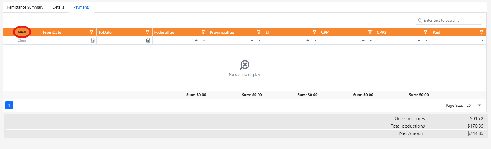 Payments tab with New highlighted