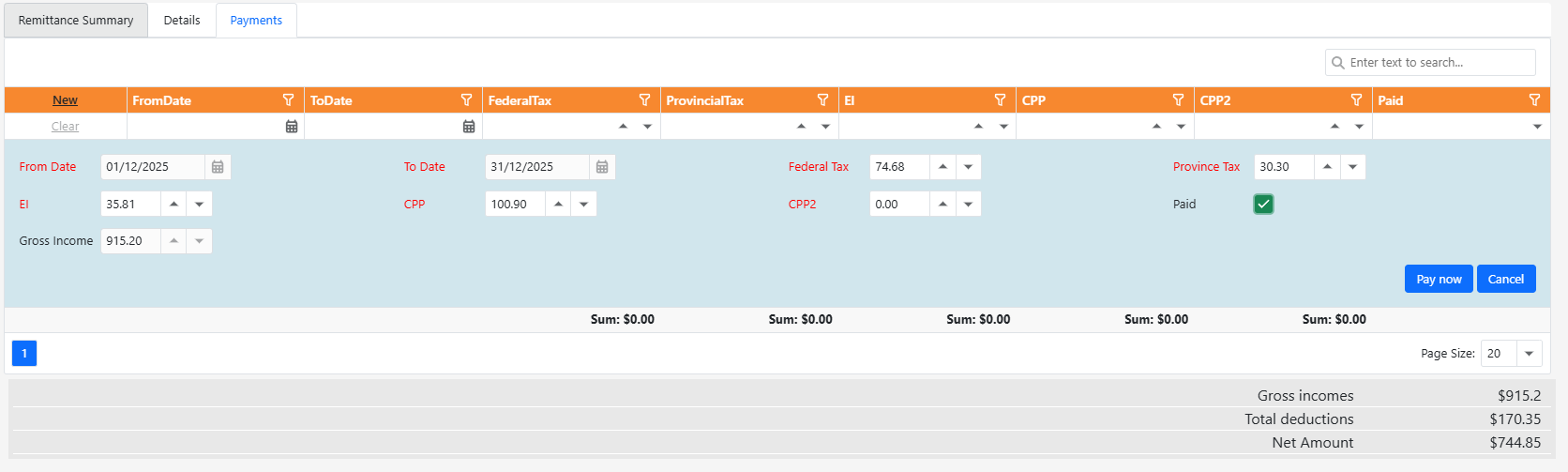 Payments entry form filled with values