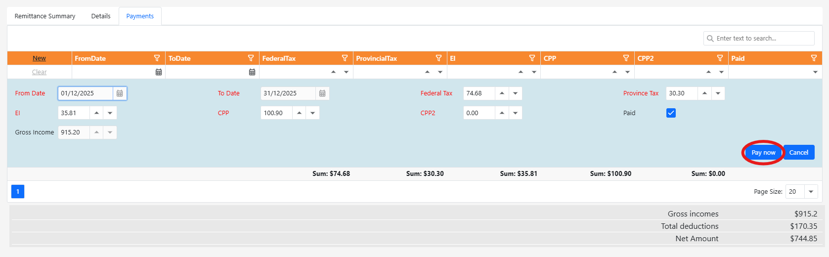 Pay now button highlighted