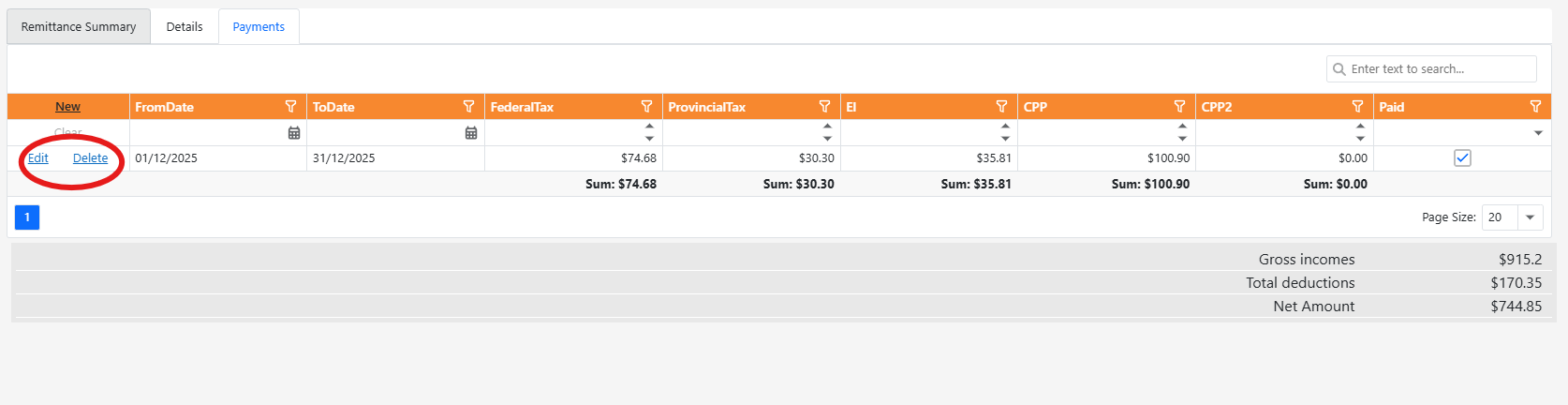 Edit and Delete highlighted on a remittance payment