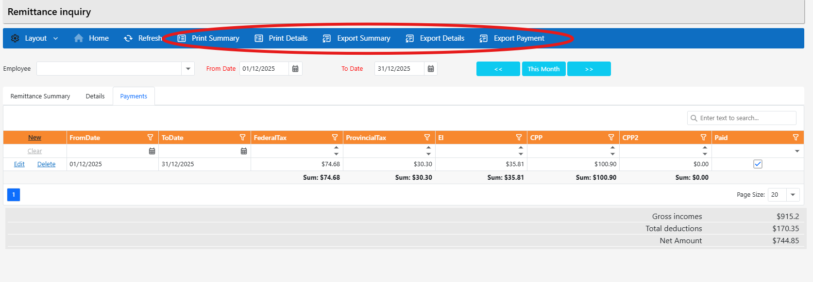 Top toolbar showing print and export options