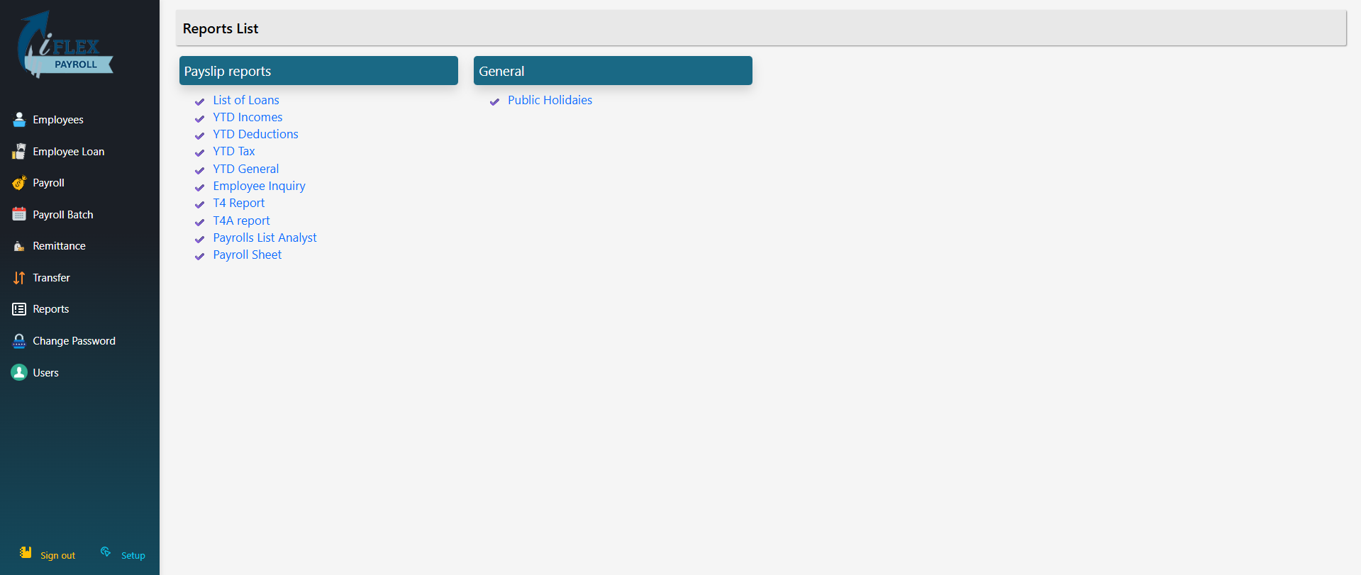 Reports List page showing Payslip reports and General sections