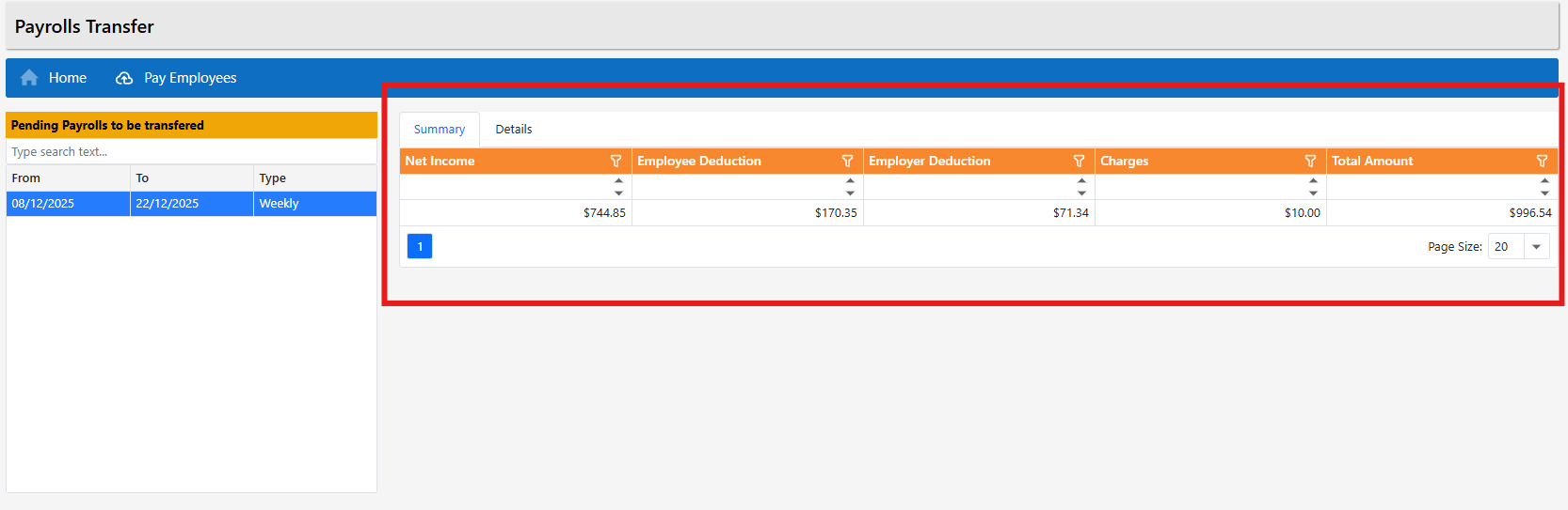 Transfer summary tab