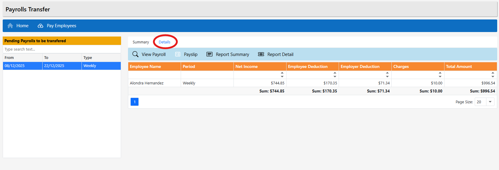 Transfer details tab