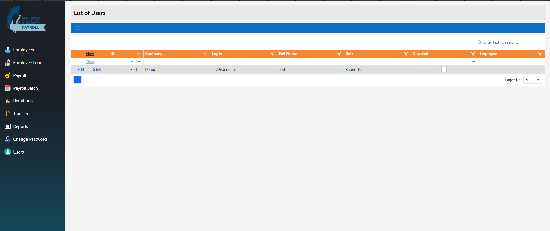 List of Users page