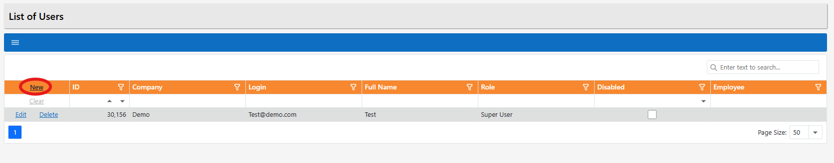 New button highlighted on the List of Users page