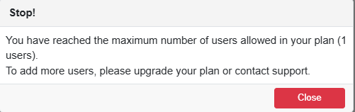 Popup showing the trial user limit